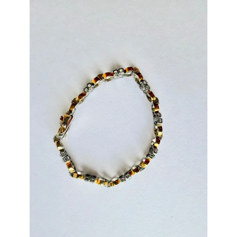 Sterling Silver 925 Two Tone Gold Plated Pave Stone Link Bracelet 7.5